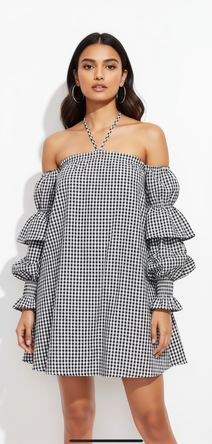 Black and white gingham off-shoulder dress