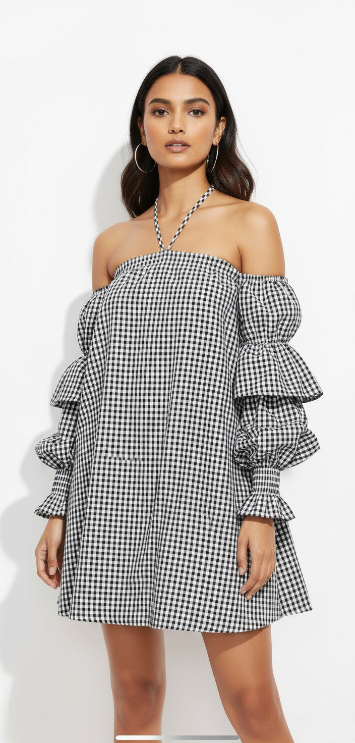 Checkered Off-Shoulder Halter Dress - Image 2